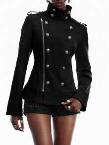 LYSMO Jaket Napoleon Kasual Lengan Panjang Kancing Ganda dengan Resleting di Bagian Depan untuk Wanita - Hitam - View 1