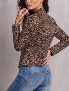 Solivie 女款豹紋印花夾克，通勤辦公時尚豹紋夾克，適合女性，秋季女裝，冬季女大衣，優雅70年代復古風 - 彩色 - 查看 2
