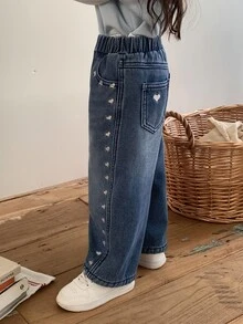 DAZY Infant/Toddler (Girl) Heart Casual Loose All-Season Versatile Denim - Medium Wash - View 8