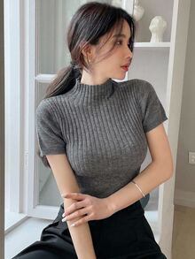 DAZY 女款純色立領短袖休閒針織上衣 - 深灰色 - 查看 8