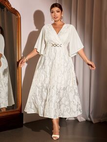 Cravure Plus Size Women's Elegant Vintage Dress, Jacquard Fabric, Autumn/Winter Style, Suitable For Party, Birthday Party, Wedding Season, Evening Event - Apricot - View 4