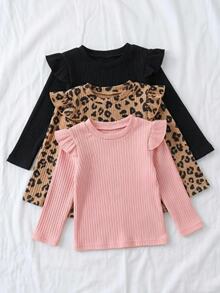 3pcs Young Girl 4-8Y Streetwear Ruffle Leopard Rib-Knit Long Sleeve Cozy Fleece Hoodies Tops Tees School Outdoor Play Fall Winter - Multicolor - View 3
