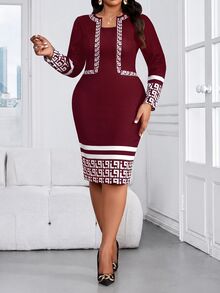 SHEIN Lady Plus Size Elegant Geometric Print Long Sleeve Autumn Dress - Burgundy - View 3