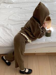 Hapijoa Young Girl Solid Color Zip-Up Hooded Knit Cardigan And Knit Pants Set Winter - Army Green - View 2
