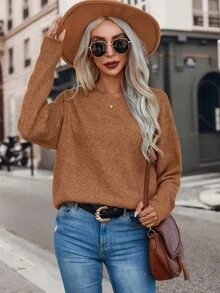 SHEIN 女款純色圓領落肩長袖休閒套頭毛衣 - 棕色 - 查看 4