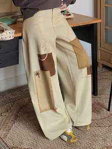 Dazy Plus Pattern Printed Loose Wide Leg Curved Hem Jeans, Casual Vintage Blogger Style New Arrival For Girls Club Beach Blue White Stripe - Apricot - View 4