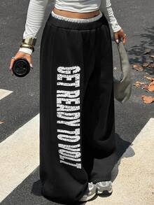 Dazy Plus Blogger Casual Street Style Letter Print Loose Long Sweatpants - Black - View 8