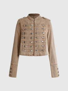ROMWE Grunge Punk Nautical Punk Vintage Metal Buckle Distressed Washed Denim Thin Jacket - Brown - View 1