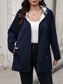 SHEIN Clasi Plus Size Women's Reversible Long Sleeve Zip-Up Drawstring Hooded Jacket - Navy Blue - View 8