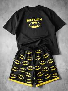 BATMAN X SHEIN Manfinity EMRG 大尺碼男士字母卡通印花短袖T恤與短褲套裝，街頭復古風 - 彩色 - 查看 1