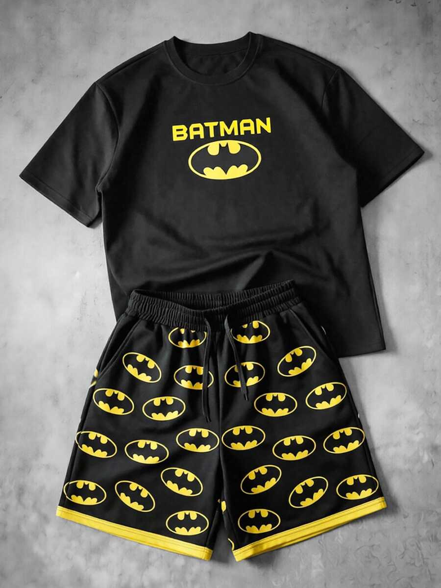 BATMAN X SHEIN Manfinity EMRG 大尺碼男士字母卡通印花短袖T恤與短褲套裝,街頭復古風 - 彩色 - 查看 1