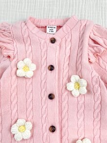 SHEIN 新生兒粉色可愛針織花卉連身衣 - 粉色 - 查看 5