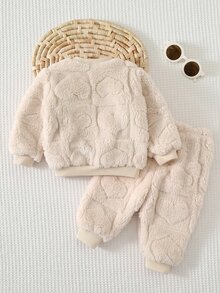 SHEIN 新生兒秋冬可愛毛茸茸卡通熊圖案運動衫套裝嬰兒 - 米色 - 查看 2