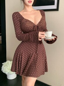 Dazy Tall Women's Deep V-Neck Polka Dot Sexy Casual Short Dress Fall - Brown - View 3