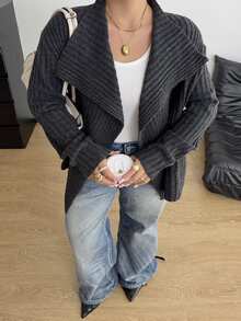POPSWAY Plus Size Casual Waterfall Collar Ribbed Knit Cardigan, Loose Long Sleeve OpenFront Solid Dark Grey Knitted Jacket - Grey - View 3