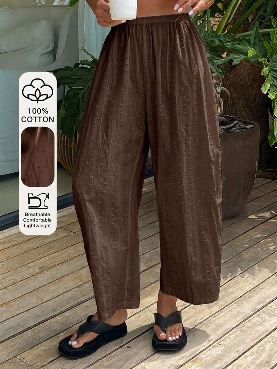 Livesso Women's Loose Solid Color Textured Fabric Pajama Bottoms For Spring, Summer, Autumn, Vacation - Brown - View 1