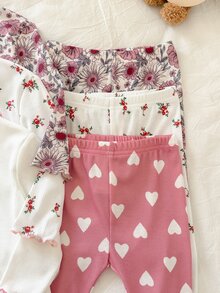 SHEIN 6件組新生女嬰可愛休閒針織圖案長袖套裝，適用春、秋、冬季 - 粉色 - 查看 4