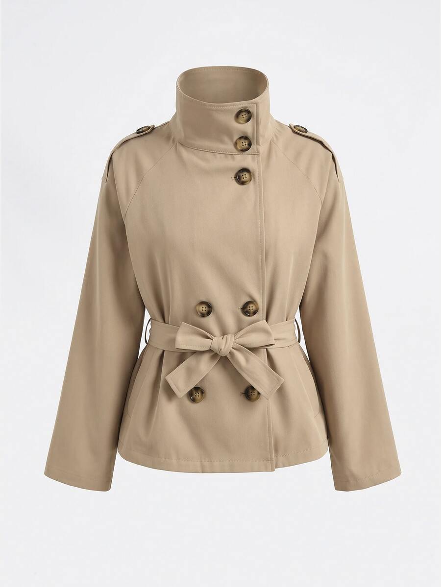 Teen Girl Solid Color Raglan Long Sleeve Double-Breasted Trench Autumn Coat - Brown - View 1