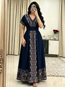 Modelyn 花卉仿刺繡V領短袖收腰長洋裝，舒適夏季女裝，適合日常與外出穿著 - 彩色 - 查看 4