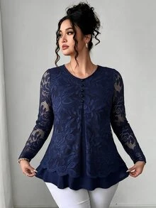 Elenzga Plus Size Round Neck Lace Patchwork Asymmetrical Hem Black Button Fashion Elegant Vintage Women's Casual Home Commute Comfortable Top Fall - Royal Blue - View 5