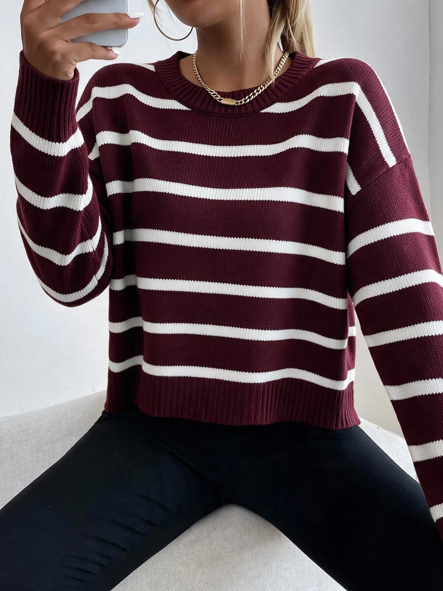 SHEIN Unity كنزة صوفية نسائية مخططة بياقة دائرية وأكمام طويلة منسدلة كاجوال - Merry Berry - مشاهدة 1
