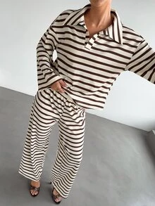 Siren Gaze 女款新款秋冬 Polo 領條紋襯衫 - 棕色 - 查看 1