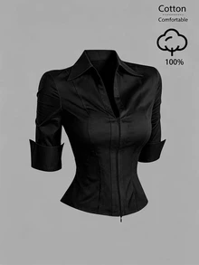 Sweetra Black Lapel Zipper Waist-Cinching Lightweight Commuter Style Blouse - Black - View 1