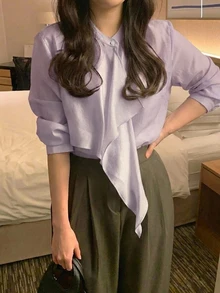 Dazy Plus Solid Color Loose Fit Asymmetrical Collar Long Sleeve Elegant Formal Vacation Spring Autumn Blouse Shirt - Dusty Purple - View 4
