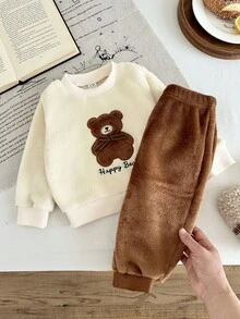 SHEIN Vintaside Kids 2件組男嬰可愛米色棕熊蝴蝶結刷毛刺繡長袖圓領厚款戶外秋冬節日套裝 - 棕色 - 查看 1