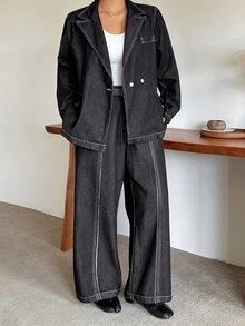 Dazy Plus Loose Long Sleeve Blazer Denim Jacket With Split Line Slimming Long Denim Pants 2 Pieces Set Spring Autumn - Black - View 6