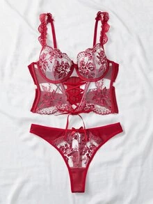 SHEIN Sexy Sheer Embroidered 2-Piece Set - Burgundy - View 3