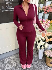 Solflare Plus Size Casual Lightweight Yoga Elastic Jacket & Flare Pants 2 Pieces Set - Burgundy - View 1