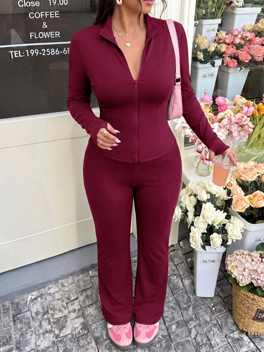 Solflare Plus Size Casual Lightweight Yoga Elastic Jacket & Flare Pants 2 Pieces Set - Burgundy - View 1