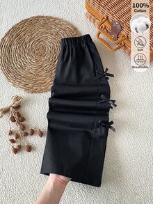 SHEIN 1件少女秋冬復古休閒黑色純棉布直筒寬腿長褲，側面飾有3D蝴蝶結，適合春秋日常外出 - 黑色 - 查看 3