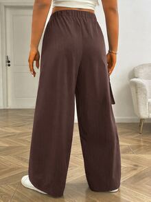 SHEIN EZwear 大尺碼女款純色休閒百搭日常工裝褲 - 巧克力棕 - 查看 2