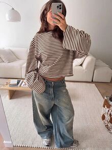 SHEIN EZwear 海外長袖香草巧克力條紋上衣，秋季上衣，適合日常通勤、聚會、秋冬/夏季、聖誕節、新年、感恩節、派對、婚禮、海灘、畢業典禮、優雅、外出、約會、通勤、情人節、優雅、度假、Y2K、畢業典禮等場合 - 彩色 - 查看 6
