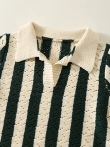 SHEIN 兒童小男孩秋冬款彩色條紋 Polo 領長袖套頭針織衫 綠色條紋 Polo 領大學風男孩毛衣 - 彩色 - 查看 4