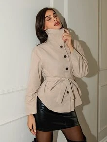 SHEIN Allurite Women's Spring/Autumn Ribbon Stand Collar Trench Coat - Khaki - View 3