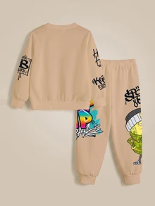 SpongeBob SquarePants | SHEIN طقم كاجوال للأولاد الصغار مكون من سويت شيرت بأكمام طويلة مطبوع عليه حروف وبنطال رياضي - أبيض - مشاهدة 3