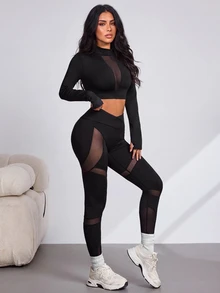 Slayform طقم رياضي نسائي من تي شيرت قصير بأكمام طويلة من الشبك بلون موحد متباين مع بنطال ليقنز - الأسود - مشاهدة 3