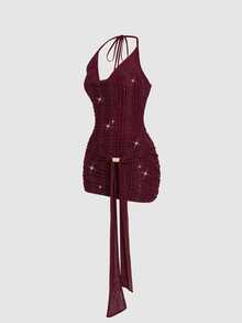 Sweetra Y2K Sexy Textured Fabric Ruched Neck Pleated Crepe Elegant Party Dress - Burgundy - View 3