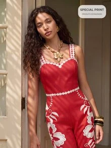 CAJUNI Tropical Vacation Embroidery Flower Cute Jumpsuit - Red and White - View 10