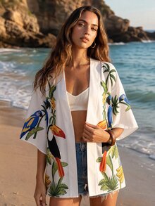 CAJUNI Women's Bird & Floral Pattern Casual Daily Kimono Cover Up - Multicolor - View 5