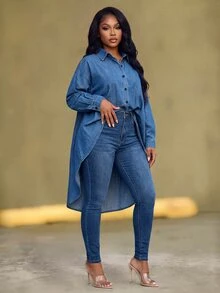 Slaydiva Women's Single-Breasted Casual Daily Denim Jacket - Blue - View 2