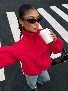 Muchica Women's Red Funnel Neck Snap Button Jacket, Lightweight Long Sleeve Windbreaker With Elastic Cuffs & Pockets For Chic Fall Winter Streetwear Outfits - Red - View 7