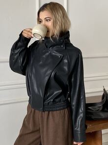 DAZY Women's Solid Color PU Leather Casual Versatile Daily Outerwear Winter - Black - View 8