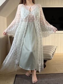 Dazy Plus Romantic Wedding Heart Jacquard Mesh Robe Set, Elegant Lace Patchwork Satin Long Waist-Cinching Nightgown - Mint Green - View 4