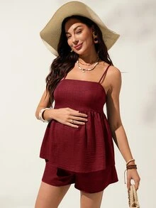SHEIN Women's Casual Vacation Solid Color Ruffle Collar Cardigan And Shorts Maternity Set, Spring/Summer - Burgundy - View 5