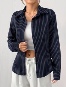 SHEIN EZwear 大尺碼女款條紋休閒日常穿著襯衫 - 藏蓝色 - 查看 4
