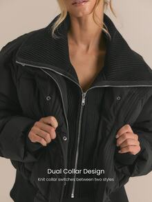 GLOWMODE Soft Matte Chase The Glow Water Repellent Relaxed Fit Bomber Jacket With Knit Collar, Ribbed Cuffs & Metallic Zipper Daily Casual Fall Winter Wear - Black - View 4